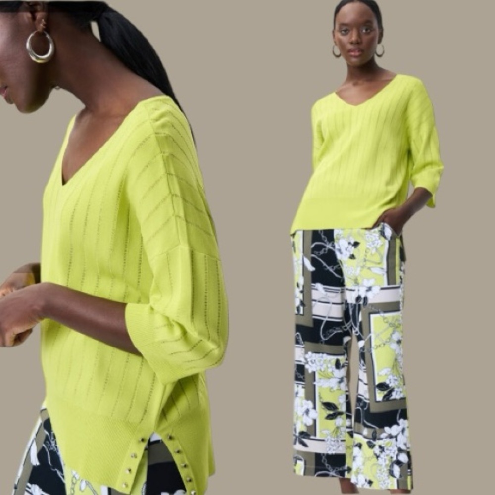 Joseph Ribkoff Chartreuse Ribbed Knit V Neck Sweater Stretchy XL Approx